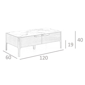 Rectangular glass coffee table imitating marble and walnut