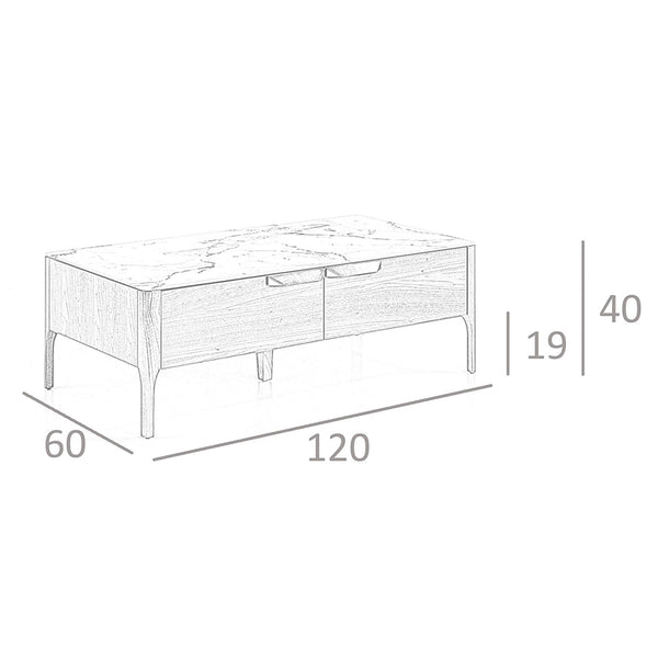 Rectangular glass coffee table imitating marble and walnut