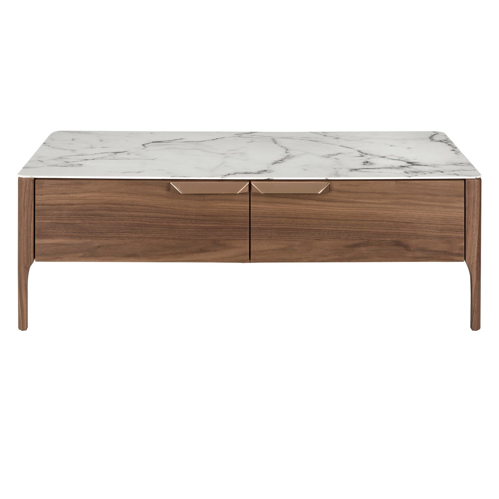 Rectangular glass coffee table imitating marble and walnut