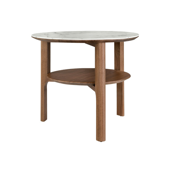 Round side table in porcelain marble and walnut