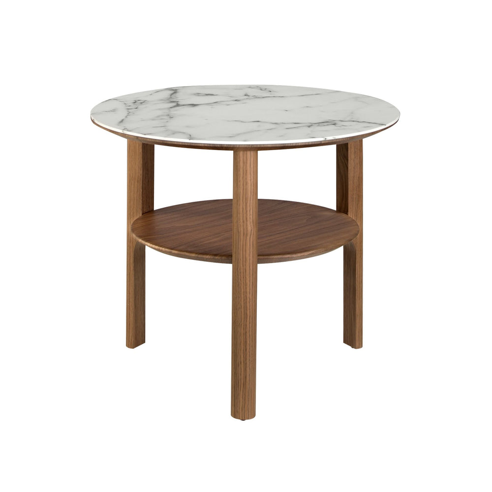 Round side table in porcelain marble and walnut