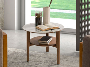 Round side table in porcelain marble and walnut