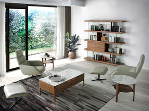 Round side table in porcelain marble and walnut