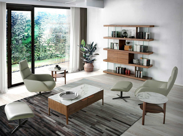 Round side table in porcelain marble and walnut