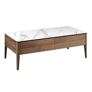 Rectangular coffee table in porcelain marble and walnut