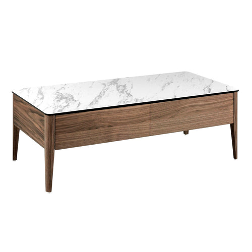 Rectangular coffee table in porcelain marble and walnut