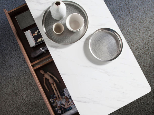 Rectangular coffee table in porcelain marble and walnut