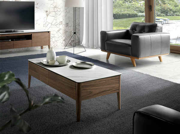 Rectangular coffee table in porcelain marble and walnut