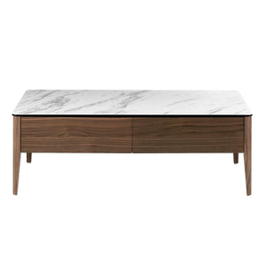 Rectangular coffee table in porcelain marble and walnut