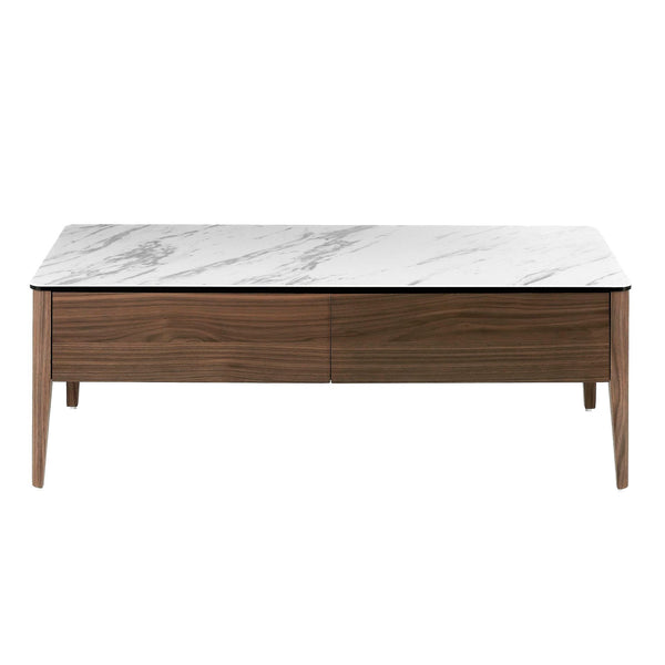 Rectangular coffee table in porcelain marble and walnut