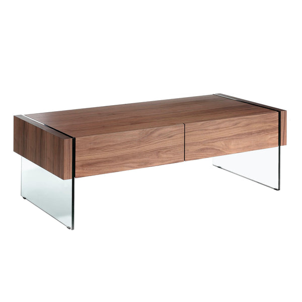 Rectangular coffee table in walnut and tempered glass