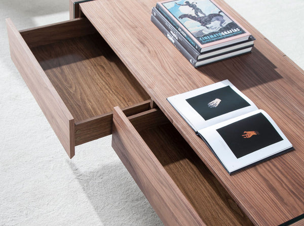 Rectangular coffee table in walnut and tempered glass