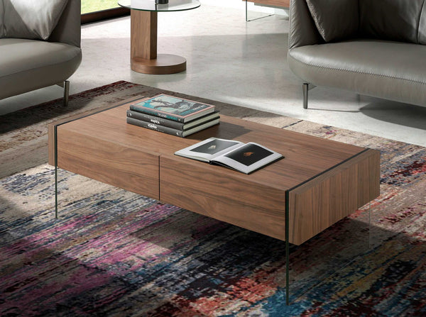 Rectangular coffee table in walnut and tempered glass