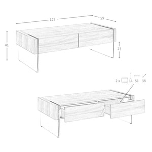 Rectangular coffee table in walnut and tempered glass