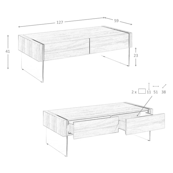 Rectangular coffee table in walnut and tempered glass