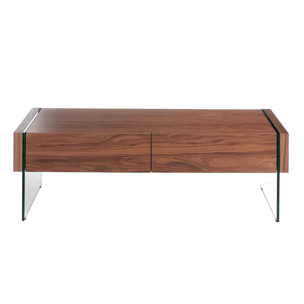 Rectangular coffee table in walnut and tempered glass