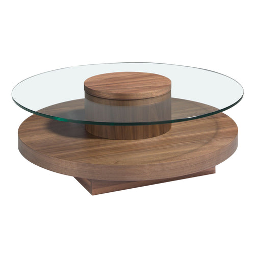 Round coffee table in tempered glass and walnut