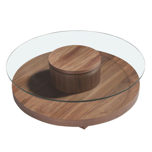 Round coffee table in tempered glass and walnut