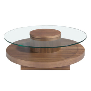 Round coffee table in tempered glass and walnut