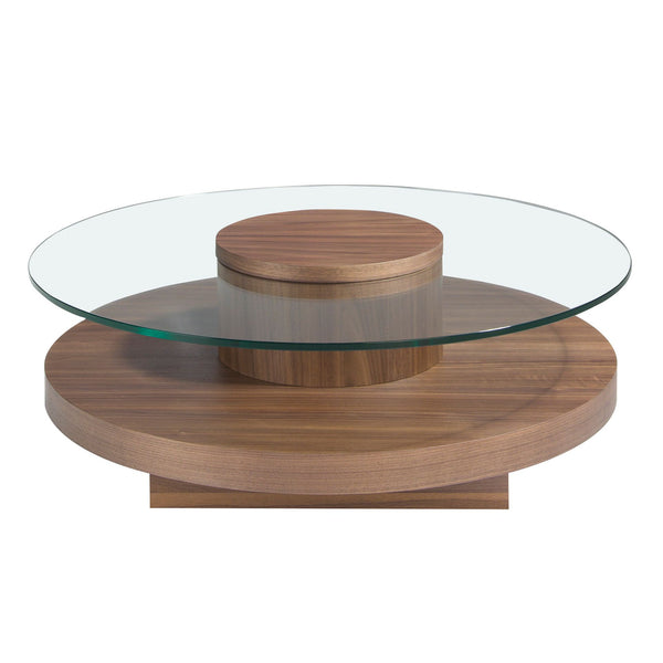 Round coffee table in tempered glass and walnut