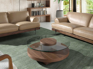 Round coffee table in tempered glass and walnut