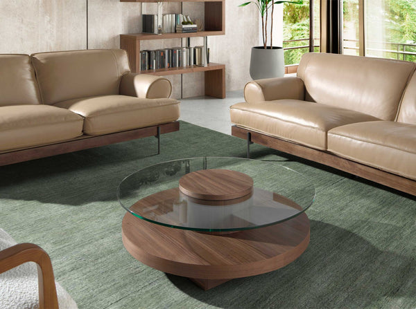 Round coffee table in tempered glass and walnut