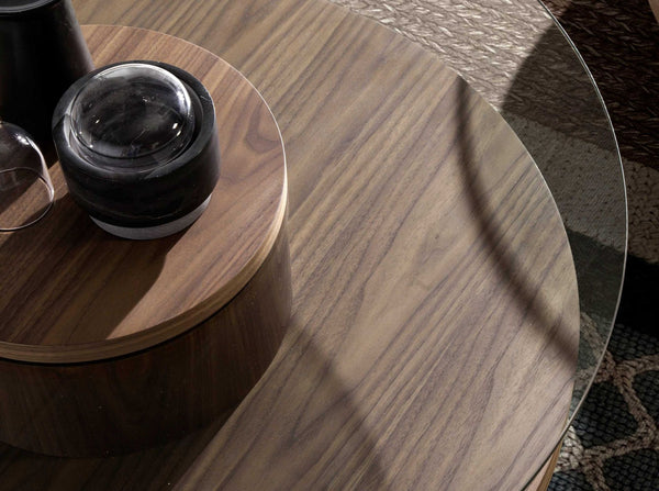 Round coffee table in tempered glass and walnut