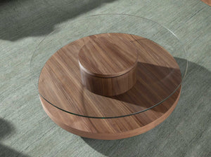 Round coffee table in tempered glass and walnut