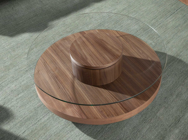 Round coffee table in tempered glass and walnut