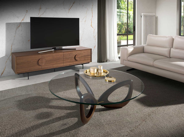 Round coffee table in tempered glass and walnut