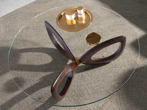Round coffee table in tempered glass and walnut