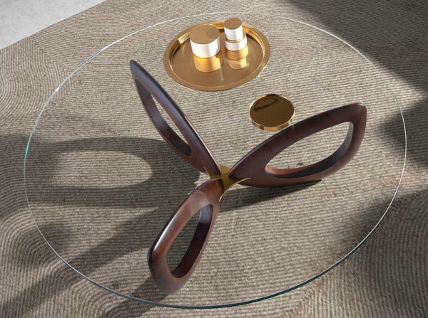 Round coffee table in tempered glass and walnut