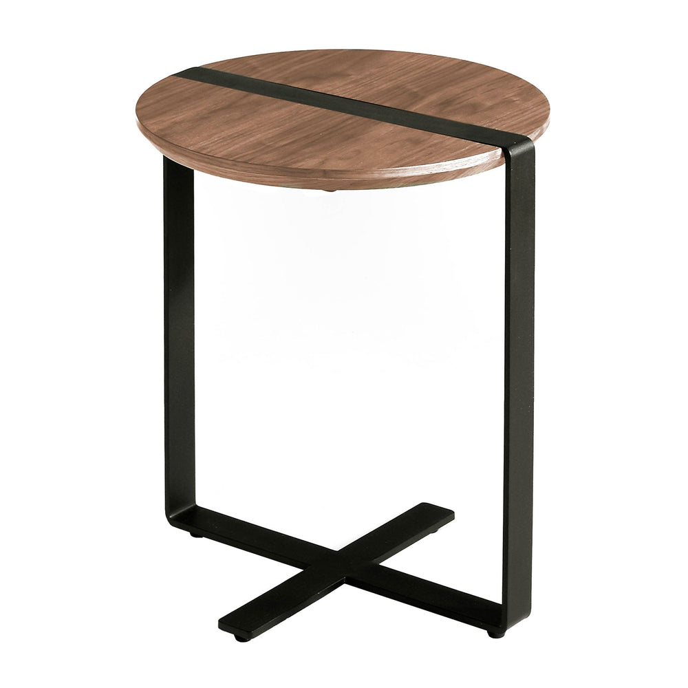Round corner table in walnut and black steel