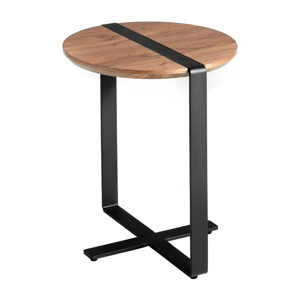 Round corner table in walnut and black steel