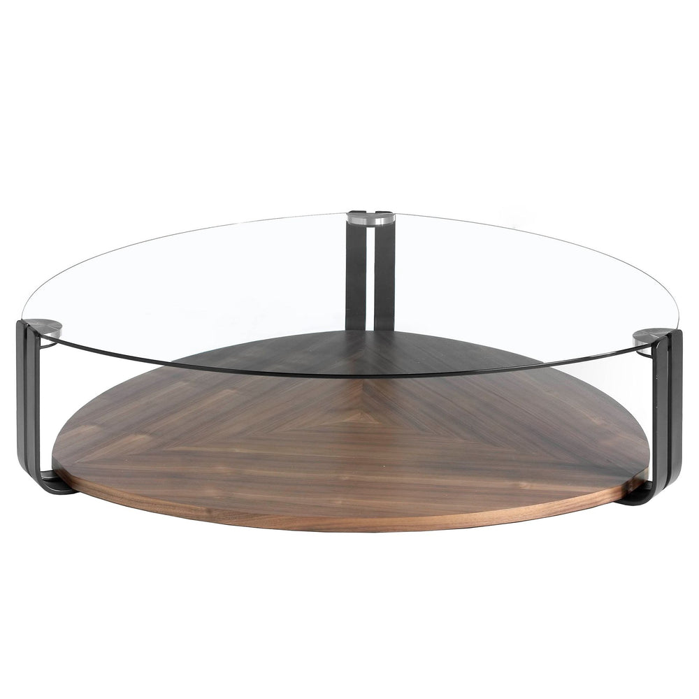 Triangular coffee table in tempered glass, black steel and walnut