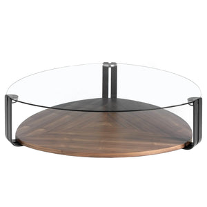 Triangular coffee table in tempered glass, black steel and walnut