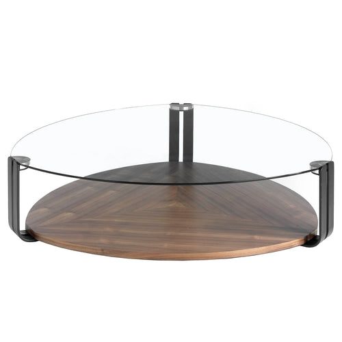 Triangular coffee table in tempered glass, black steel and walnut