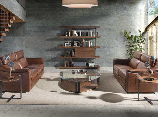 Triangular coffee table in tempered glass, black steel and walnut