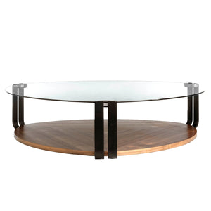 Triangular coffee table in tempered glass, black steel and walnut