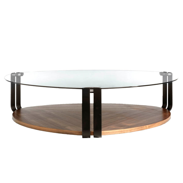 Triangular coffee table in tempered glass, black steel and walnut