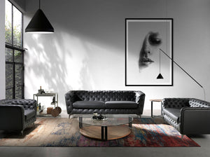 Triangular coffee table in tempered glass, black steel and walnut
