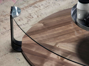 Triangular coffee table in tempered glass, black steel and walnut