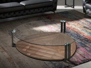 Triangular coffee table in tempered glass, black steel and walnut