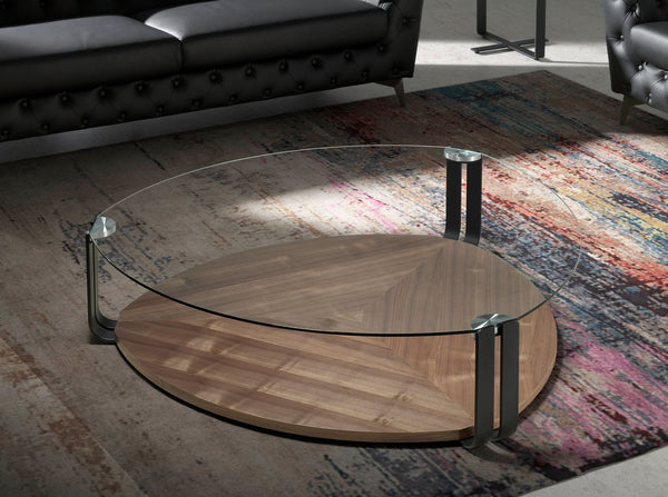 Triangular coffee table in tempered glass, black steel and walnut