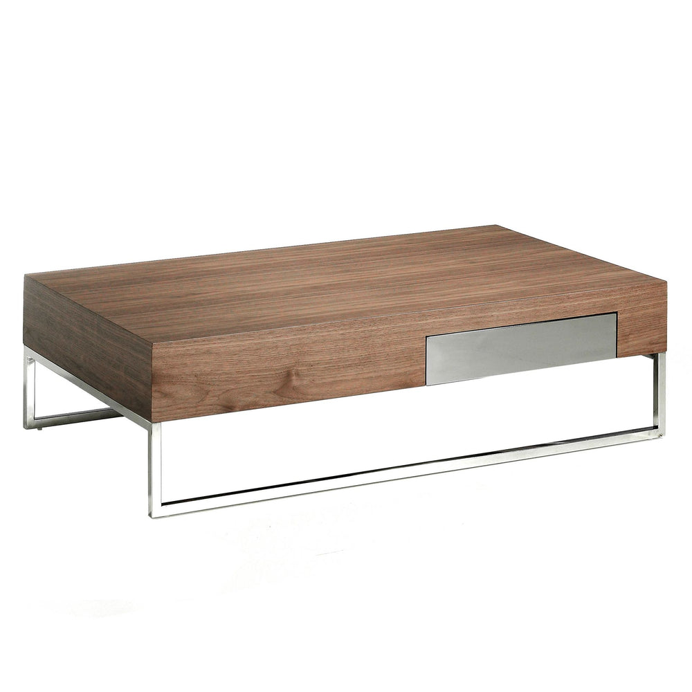 Rectangular coffee table in walnut and chromed steel
