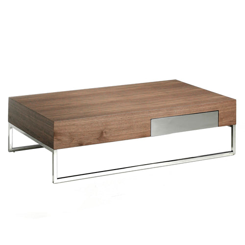 Rectangular coffee table in walnut and chromed steel