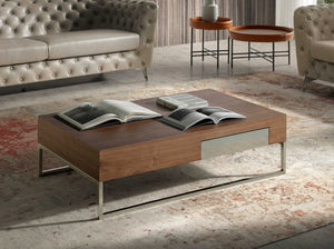 Rectangular coffee table in walnut and chromed steel