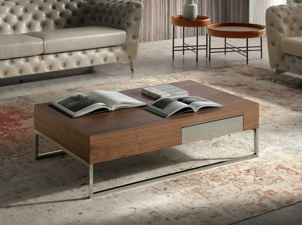 Rectangular coffee table in walnut and chromed steel