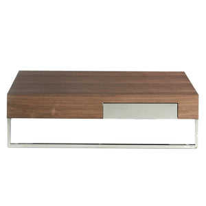 Rectangular coffee table in walnut and chromed steel