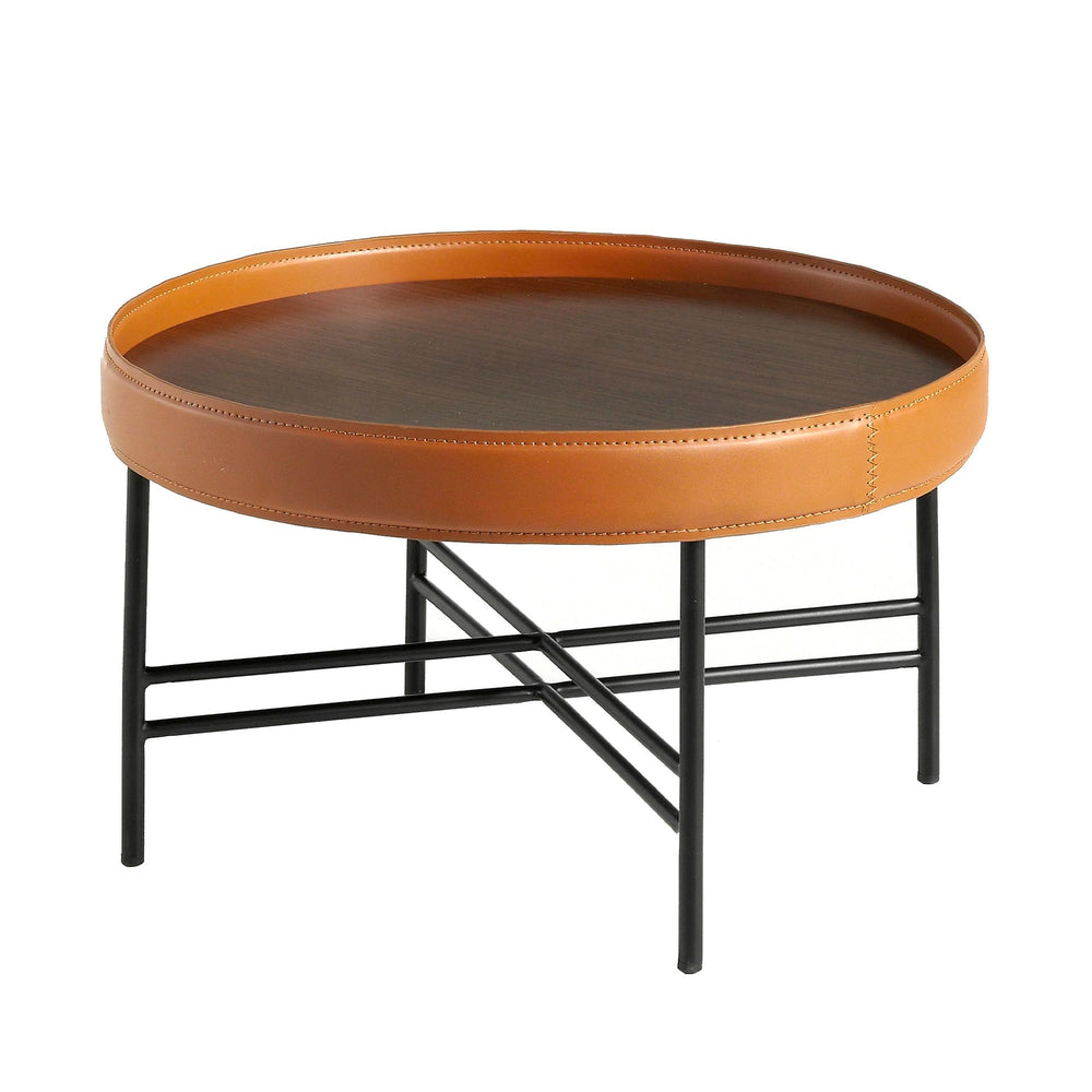 Round coffee table in synthetic leather, walnut and black steel